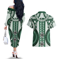 Bula Fiji Vintage Couples Matching Off The Shoulder Long Sleeve Dress and Hawaiian Shirt Phthalo Green Masi Motifs LT7 - Polynesian Pride
