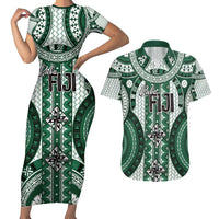Bula Fiji Vintage Couples Matching Short Sleeve Bodycon Dress and Hawaiian Shirt Phthalo Green Masi Motifs LT7 Phthalo Green - Polynesian Pride
