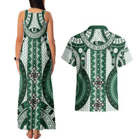 Bula Fiji Vintage Couples Matching Tank Maxi Dress and Hawaiian Shirt Phthalo Green Masi Motifs LT7 - Polynesian Pride