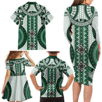 Bula Fiji Vintage Family Matching Long Sleeve Bodycon Dress and Hawaiian Shirt Phthalo Green Masi Motifs LT7 - Polynesian Pride