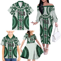Bula Fiji Vintage Family Matching Off The Shoulder Long Sleeve Dress and Hawaiian Shirt Phthalo Green Masi Motifs LT7 - Polynesian Pride