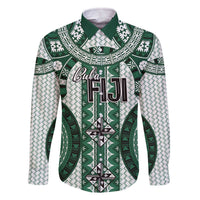 Bula Fiji Vintage Family Matching Off The Shoulder Long Sleeve Dress and Hawaiian Shirt Phthalo Green Masi Motifs LT7 Dad's Shirt - Long Sleeve Phthalo Green - Polynesian Pride