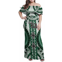 Bula Fiji Vintage Family Matching Off Shoulder Maxi Dress and Hawaiian Shirt Phthalo Green Masi Motifs LT7 Mom's Dress Phthalo Green - Polynesian Pride