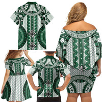 Bula Fiji Vintage Family Matching Off Shoulder Short Dress and Hawaiian Shirt Phthalo Green Masi Motifs LT7 - Polynesian Pride