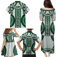 Bula Fiji Vintage Family Matching Puletasi and Hawaiian Shirt Phthalo Green Masi Motifs LT7 - Polynesian Pride