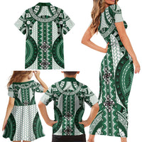 Bula Fiji Vintage Family Matching Short Sleeve Bodycon Dress and Hawaiian Shirt Phthalo Green Masi Motifs LT7 - Polynesian Pride