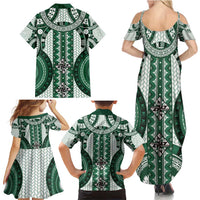 Bula Fiji Vintage Family Matching Summer Maxi Dress and Hawaiian Shirt Phthalo Green Masi Motifs LT7 - Polynesian Pride
