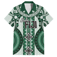 Bula Fiji Vintage Family Matching Tank Maxi Dress and Hawaiian Shirt Phthalo Green Masi Motifs LT7 Dad's Shirt - Short Sleeve Phthalo Green - Polynesian Pride