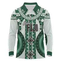 Bula Fiji Vintage Long Sleeve Polo Shirt Phthalo Green Masi Motifs LT7 Phthalo Green - Polynesian Pride