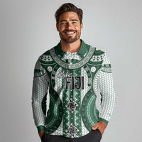 Bula Fiji Vintage Long Sleeve Polo Shirt Phthalo Green Masi Motifs LT7 - Polynesian Pride