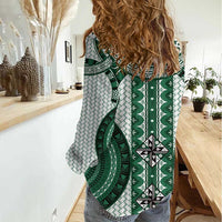Bula Fiji Vintage Women Casual Shirt Phthalo Green Masi Motifs LT7 - Polynesian Pride