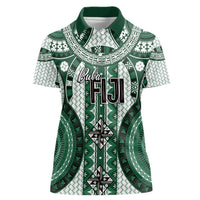 Bula Fiji Vintage Women Polo Shirt Phthalo Green Masi Motifs LT7 Female Phthalo Green - Polynesian Pride