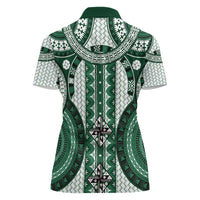 Bula Fiji Vintage Women Polo Shirt Phthalo Green Masi Motifs LT7 - Polynesian Pride