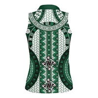Bula Fiji Vintage Women Sleeveless Polo Shirt Phthalo Green Masi Motifs LT7 - Polynesian Pride