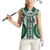 Bula Fiji Vintage Women Sleeveless Polo Shirt Phthalo Green Masi Motifs LT7 - Polynesian Pride