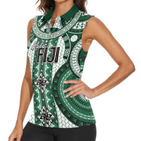 Bula Fiji Vintage Women Sleeveless Polo Shirt Phthalo Green Masi Motifs LT7 - Polynesian Pride