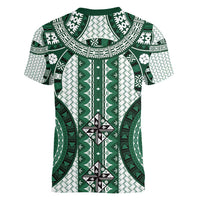 Bula Fiji Vintage Women V-Neck T-Shirt Phthalo Green Masi Motifs LT7 - Polynesian Pride