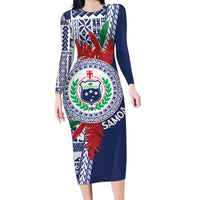 Samoa Rugby Personalized Family Matching Long Sleeve Bodycon Dress and Hawaiian Shirt Toa Samoa Myriad Siapo LT7 Mom's Dress Blue - Polynesian Pride
