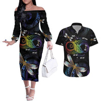Personalised Polynesian Memorial Couples Matching Off The Shoulder Long Sleeve Dress and Hawaiian Shirt Your Wings Were Ready But My Heart Was Not LT7 Black - Polynesian Pride