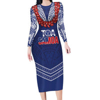 Toa Samoa Rugby Custom Family Matching Long Sleeve Bodycon Dress and Hawaiian Shirt Ulafala Mix Nifo'oti LT7 Mom's Dress Blue - Polynesian Pride