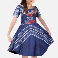Toa Samoa Rugby Custom Family Matching Off Shoulder Maxi Dress and Hawaiian Shirt Ulafala Mix Nifo'oti LT7 Daughter's Dress Blue - Polynesian Pride