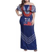 Toa Samoa Rugby Custom Family Matching Off Shoulder Maxi Dress and Hawaiian Shirt Ulafala Mix Nifo'oti LT7 Mom's Dress Blue - Polynesian Pride
