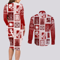Hawaii Christmas Retro Patchwork Couples Matching Long Sleeve Bodycon Dress and Long Sleeve Button Shirt Red LT7 - Polynesian Pride