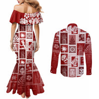 Hawaii Christmas Retro Patchwork Couples Matching Mermaid Dress and Long Sleeve Button Shirt Red LT7 - Polynesian Pride