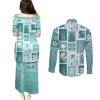 Hawaii Christmas Retro Patchwork Couples Matching Puletasi Dress and Long Sleeve Button Shirt Teal LT7 - Polynesian Pride