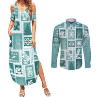 Hawaii Christmas Retro Patchwork Couples Matching Summer Maxi Dress and Long Sleeve Button Shirt Teal LT7 Teal - Polynesian Pride