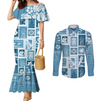 Hawaii Christmas Retro Patchwork Couples Matching Mermaid Dress and Long Sleeve Button Shirt Aquamarine LT7 Aquamarine - Polynesian Pride