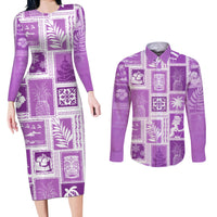 Hawaii Christmas Retro Patchwork Couples Matching Long Sleeve Bodycon Dress and Long Sleeve Button Shirt Violet LT7 Violet - Polynesian Pride