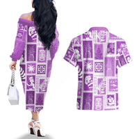 Hawaii Christmas Retro Patchwork Couples Matching Off The Shoulder Long Sleeve Dress and Hawaiian Shirt Violet LT7 - Polynesian Pride