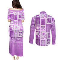 Hawaii Christmas Retro Patchwork Couples Matching Puletasi Dress and Long Sleeve Button Shirt Violet LT7 - Polynesian Pride