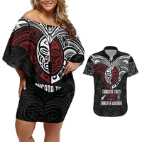 Maori Hongi Toitu Te Tiriti Couples Matching Off Shoulder Short Dress and Hawaiian Shirt Tangata Tiriti Stand With Tangata Whenua LT7 Black - Polynesian Pride