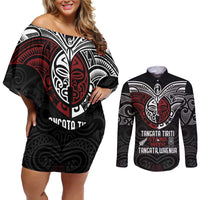 Maori Hongi Toitu Te Tiriti Couples Matching Off Shoulder Short Dress and Long Sleeve Button Shirt Tangata Tiriti Stand With Tangata Whenua LT7 Black - Polynesian Pride