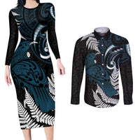 New Zealand Tui Bird Couples Matching Long Sleeve Bodycon Dress and Long Sleeve Button Shirt Maori Kowhaiwhai LT7 Teal - Polynesian Pride