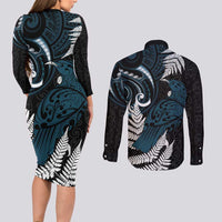 New Zealand Tui Bird Couples Matching Long Sleeve Bodycon Dress and Long Sleeve Button Shirt Maori Kowhaiwhai LT7 - Polynesian Pride