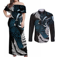 New Zealand Tui Bird Couples Matching Off Shoulder Maxi Dress and Long Sleeve Button Shirt Maori Kowhaiwhai LT7 Teal - Polynesian Pride