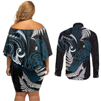 New Zealand Tui Bird Couples Matching Off Shoulder Short Dress and Long Sleeve Button Shirt Maori Kowhaiwhai LT7 - Polynesian Pride