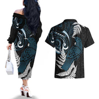 New Zealand Tui Bird Couples Matching Off The Shoulder Long Sleeve Dress and Hawaiian Shirt Maori Kowhaiwhai LT7 - Polynesian Pride