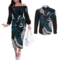 New Zealand Tui Bird Couples Matching Off The Shoulder Long Sleeve Dress and Long Sleeve Button Shirt Maori Kowhaiwhai LT7 Teal - Polynesian Pride