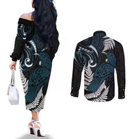 New Zealand Tui Bird Couples Matching Off The Shoulder Long Sleeve Dress and Long Sleeve Button Shirt Maori Kowhaiwhai LT7 - Polynesian Pride