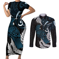 New Zealand Tui Bird Couples Matching Short Sleeve Bodycon Dress and Long Sleeve Button Shirt Maori Kowhaiwhai LT7 Teal - Polynesian Pride
