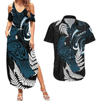 New Zealand Tui Bird Couples Matching Summer Maxi Dress and Hawaiian Shirt Maori Kowhaiwhai LT7 Teal - Polynesian Pride