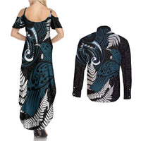 New Zealand Tui Bird Couples Matching Summer Maxi Dress and Long Sleeve Button Shirt Maori Kowhaiwhai LT7 - Polynesian Pride