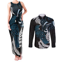 New Zealand Tui Bird Couples Matching Tank Maxi Dress and Long Sleeve Button Shirt Maori Kowhaiwhai LT7 Teal - Polynesian Pride
