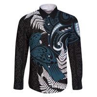 New Zealand Tui Bird Family Matching Off The Shoulder Long Sleeve Dress and Hawaiian Shirt Maori Kowhaiwhai LT7 Dad's Shirt - Long Sleeve Teal - Polynesian Pride