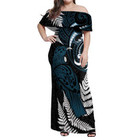 New Zealand Tui Bird Off Shoulder Maxi Dress Maori Kowhaiwhai LT7 Women Teal - Polynesian Pride