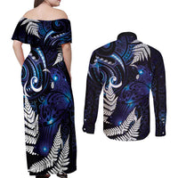 New Zealand Maori Matariki Couples Matching Off Shoulder Maxi Dress and Long Sleeve Button Shirt Tui Bird Galaxy LT7 - Polynesian Pride